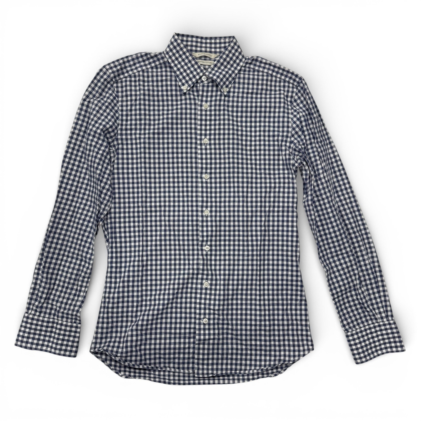Suitsupply Mens Gingham Button Dress Shirt Navy White Egyptian Cotton 37 - 14.5